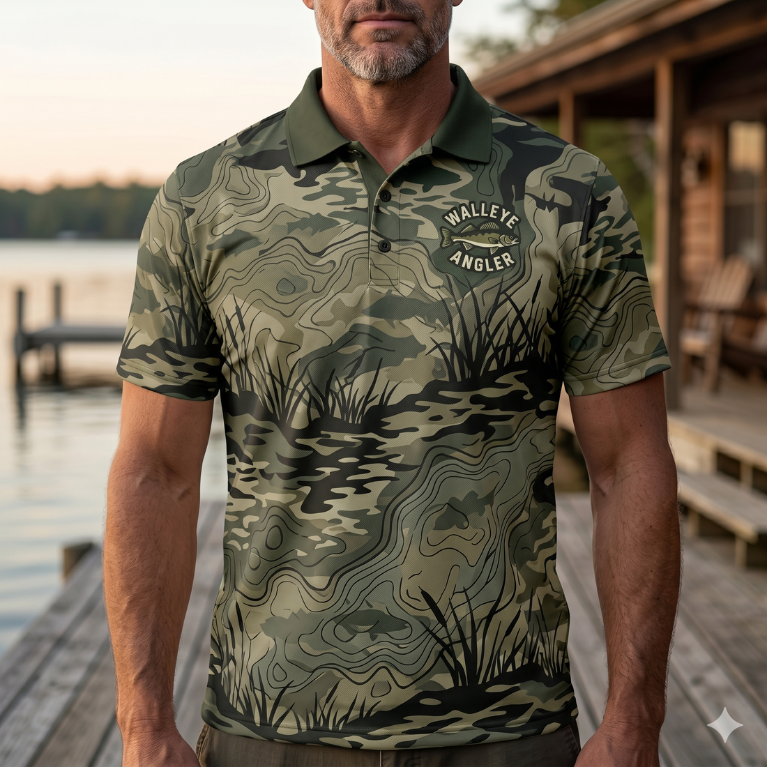 Walleye Angler Men’s Camo Performance Fishing Polo Shirt