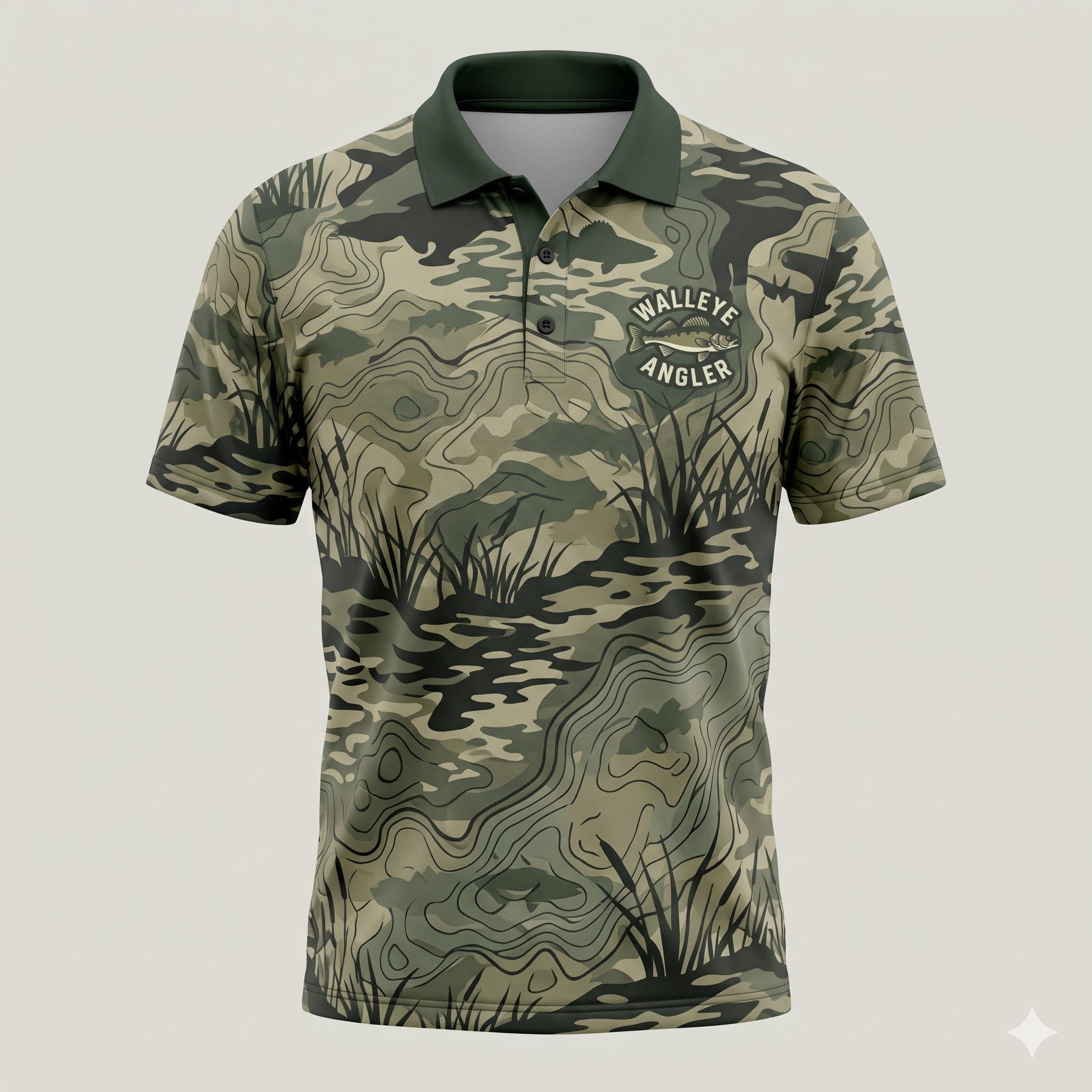 Walleye Angler Men’s Camo Performance Fishing Polo Shirt
